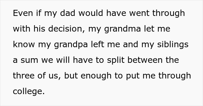 Text showing a family discussion about college money left by grandpa despite dad’s decision, involving mom and siblings. Text showing a family discussion about college money left by grandpa despite dad’s decision, involving mom and siblings.