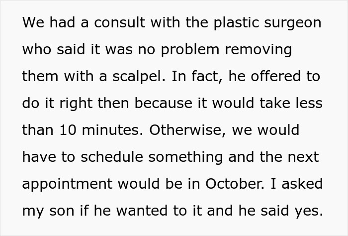 Consult with plastic surgeon about 12YO son's mole removal, approved by dad as cosmetic surgery without mom's consent. Consult with plastic surgeon about 12YO son's mole removal, approved by dad as cosmetic surgery without mom's consent.