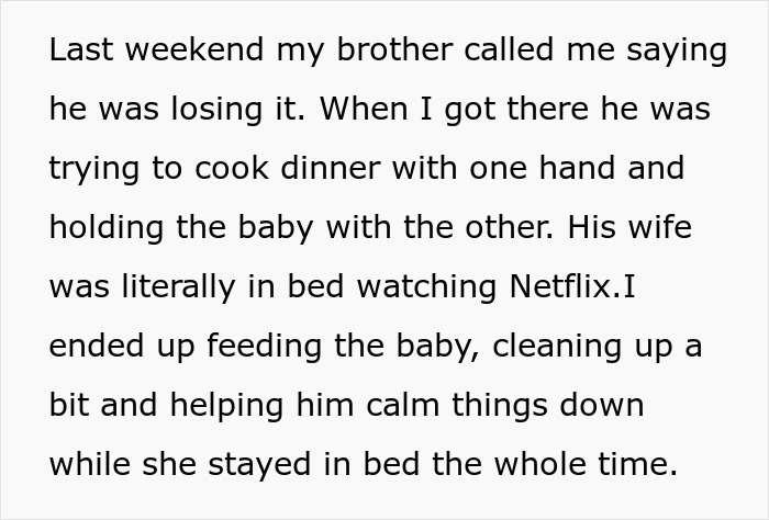 Text post describing a woman confronting her SIL about stay-at-home mom responsibilities versus staying in bed. Text post describing a woman confronting her SIL about stay-at-home mom responsibilities versus staying in bed.