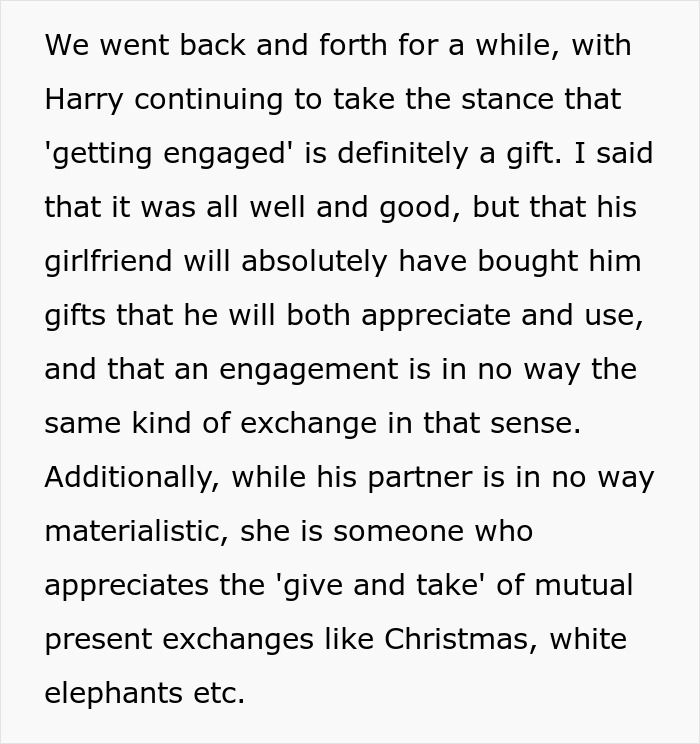 Man thinks proposal counts as a Christmas gift but gets a reality check about gift exchanges and appreciation. Man thinks proposal counts as a Christmas gift but gets a reality check about gift exchanges and appreciation.