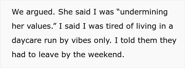 Text excerpt from a sister discussing gentle parenting values and setting boundaries in a family house conversation.