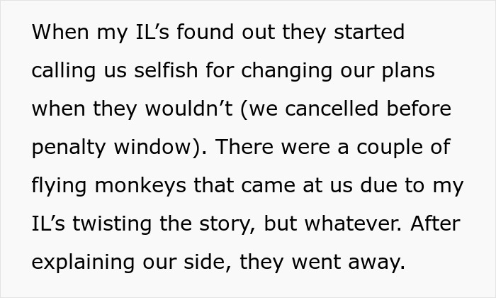 Text post about in-laws accusing a couple of being selfish for changing vacation plans before penalty window. Text post about in-laws accusing a couple of being selfish for changing vacation plans before penalty window.