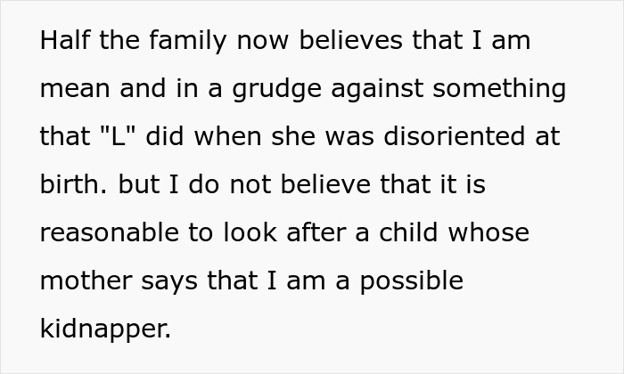 Text discussing family conflict over sibling refusing newborn nephew care due to mistrust and past grudges. Text discussing family conflict over sibling refusing newborn nephew care due to mistrust and past grudges.