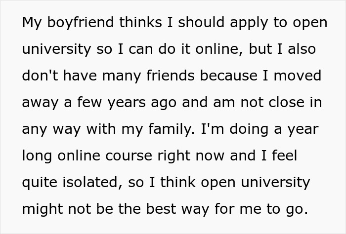 Text discussing a 30-year-old boyfriend's concerns about his 20-year-old girlfriend attending university and feeling isolated.