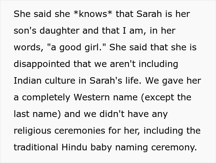 Text excerpt discussing an Indian grandmother's concerns about cultural traditions and a grandchild's heritage. Text excerpt discussing an Indian grandmother's concerns about cultural traditions and a grandchild's heritage.