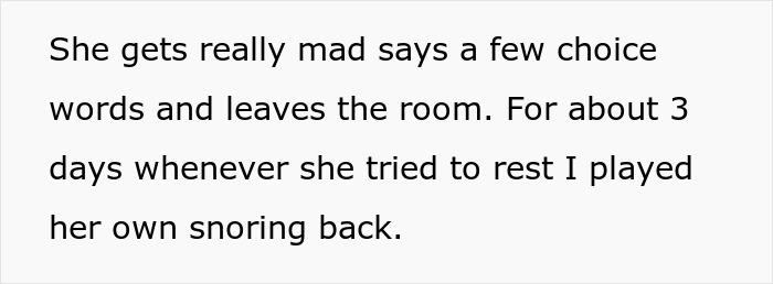 Text excerpt showing a woman annoyed by her roommate’s snoring, retaliating by snoring back to stay awake.