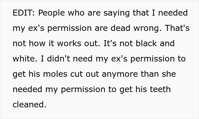 Text excerpt discussing a mom outraged over dad approving their 12-year-old son’s mole removal labeled as cosmetic surgery. Text excerpt discussing a mom outraged over dad approving their 12-year-old son’s mole removal labeled as cosmetic surgery.