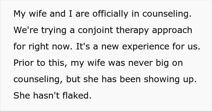 Text discussing a husband and wife attending counseling amid issues of prioritizing work over family and feelings of single parenting. Text discussing a husband and wife attending counseling amid issues of prioritizing work over family and feelings of single parenting.
