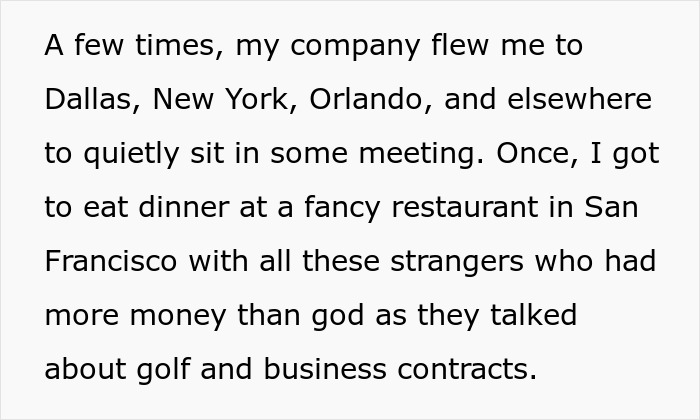 Text excerpt about a female software developer attending client meetings as a pretty face, feeling gobsmacked.