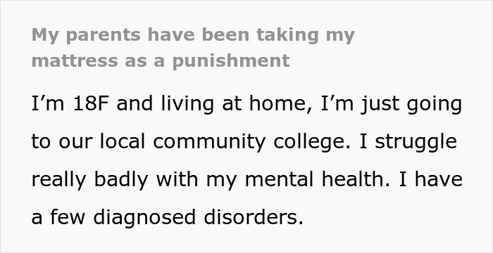 Text showing a young woman describing her parents taking her mattress as punishment for depression and mental health struggles.