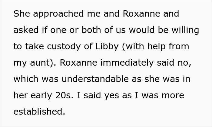Text excerpt showing a sibling agreeing to custody while another declines, highlighting family neglect and tension.