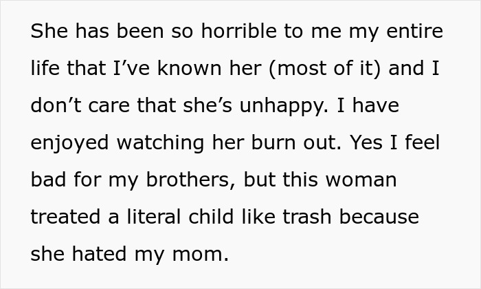 Text post about an evil stepmom turning to wine after a failed life, with stepdaughter feeling poetic justice.
