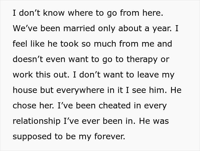 Alt text: Text excerpt describing a woman sharing her experience after being cheated on and her feelings about the relationship and therapy.