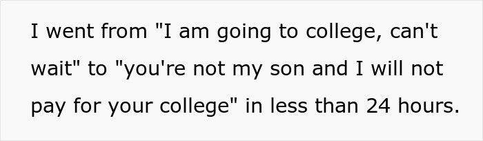Text on a plain background expressing a sudden change in a mom and dad's decision about paying for college. Text on a plain background expressing a sudden change in a mom and dad's decision about paying for college.