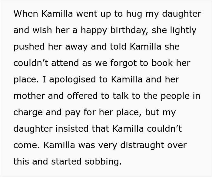 Text describing a mother apologizing after her 13YO daughter refused to invite a girl from school to a party, causing distress. Text describing a mother apologizing after her 13YO daughter refused to invite a girl from school to a party, causing distress.