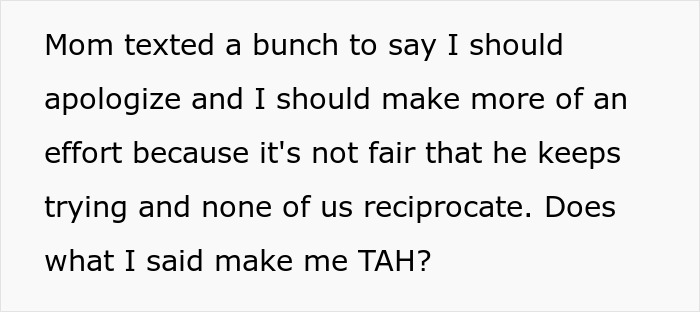 Text message discussing the stepdad trying to displace kids’ bio dad and the lack of reciprocation from family.