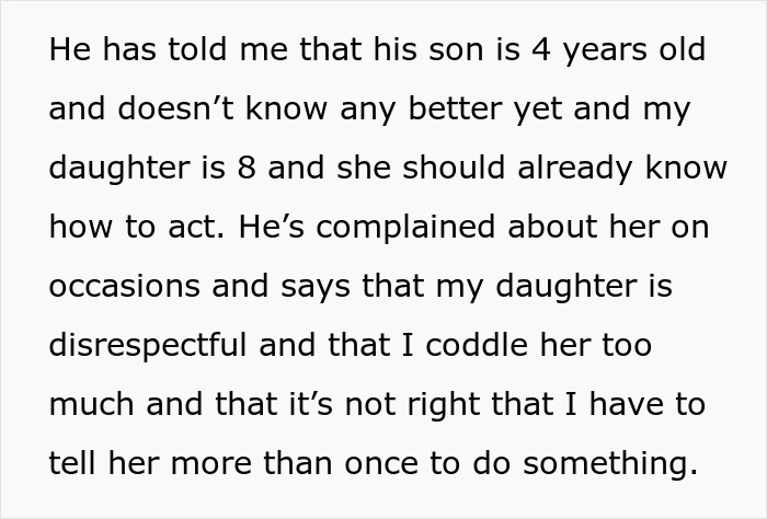 Text excerpt discussing boyfriend-daughter snitch drama involving complaints about behavior and parenting style.