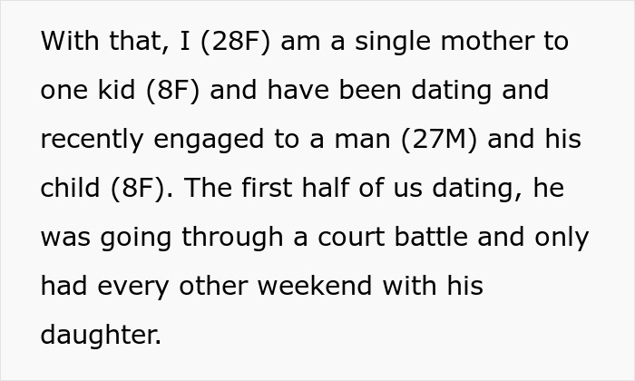 Text excerpt from a foodie woman describing her relationship struggles involving her fiancé and his child. Text excerpt from a foodie woman describing her relationship struggles involving her fiancé and his child.