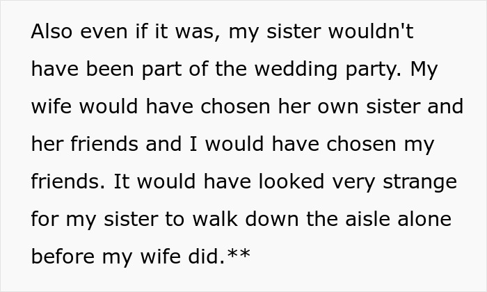 Text from a man explaining why his sister wouldn’t be part of his big wedding party despite family tension. Text from a man explaining why his sister wouldn’t be part of his big wedding party despite family tension.