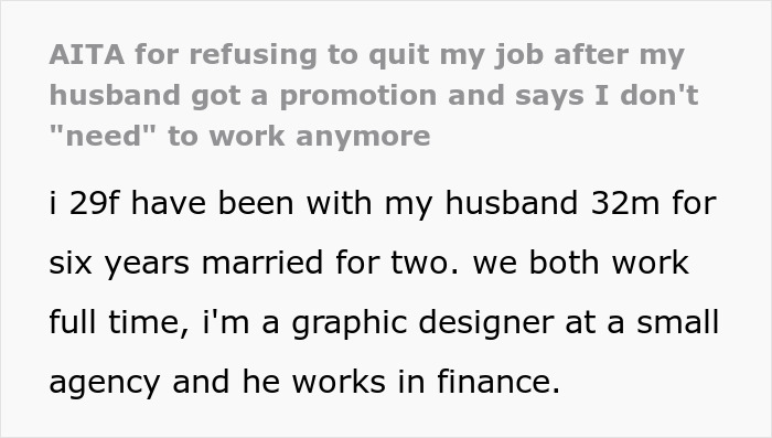 Text excerpt about a woman refusing to quit her job after husband’s promotion and receiving a gender roles lecture from mother-in-law.
