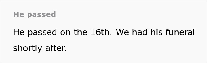 Text excerpt from an obituary, mentioning the passing of a person and their funeral arrangements. Text excerpt from an obituary, mentioning the passing of a person and their funeral arrangements.
