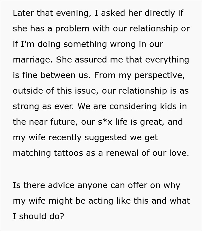 Text excerpt showing a husband bewildered at wife for seemingly forgetting they got married, seeking advice on marriage. Text excerpt showing a husband bewildered at wife for seemingly forgetting they got married, seeking advice on marriage.