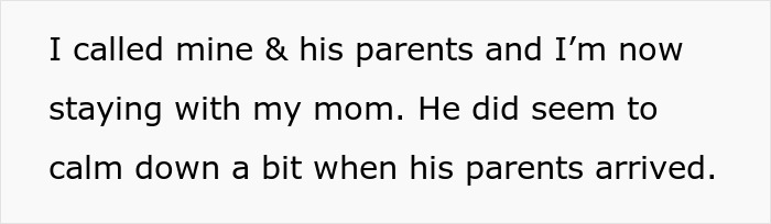 Text message describing a person staying with their mom after a stressful situation involving their partner and his parents. Text message describing a person staying with their mom after a stressful situation involving their partner and his parents.