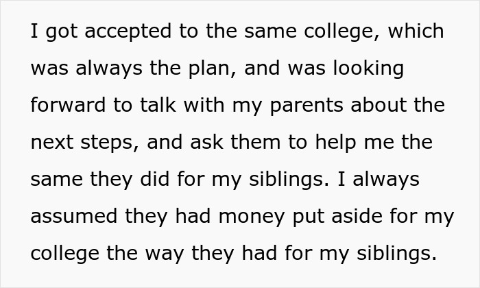 Text about college acceptance and expecting parents to provide college money like they did for siblings, amid mom affair and dad issues. Text about college acceptance and expecting parents to provide college money like they did for siblings, amid mom affair and dad issues.