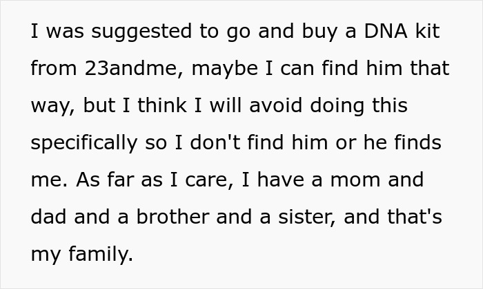 Text excerpt discussing family dynamics and choosing not to pursue DNA testing related to a mom affair college money dad situation. Text excerpt discussing family dynamics and choosing not to pursue DNA testing related to a mom affair college money dad situation.