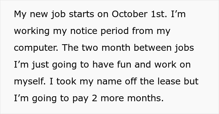 Text message discussing a woman’s new job, notice period, and plans to have fun and work on herself. Text message discussing a woman’s new job, notice period, and plans to have fun and work on herself.