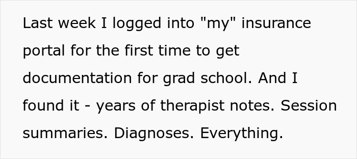 Text excerpt about a woman discovering therapist session notes, revealing trust issues with her mom spying.