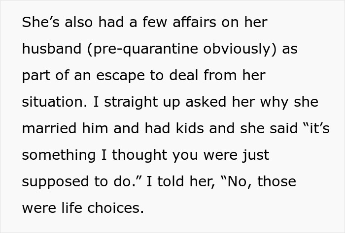 Text excerpt about a friend not understanding why she can't bring her clingy children on vacation, mentioning life choices and kids. Text excerpt about a friend not understanding why she can't bring her clingy children on vacation, mentioning life choices and kids.