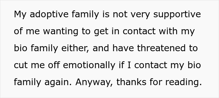 Woman wanting to reunite with bio family faces emotional threats from her adoptive parents. Woman wanting to reunite with bio family faces emotional threats from her adoptive parents.