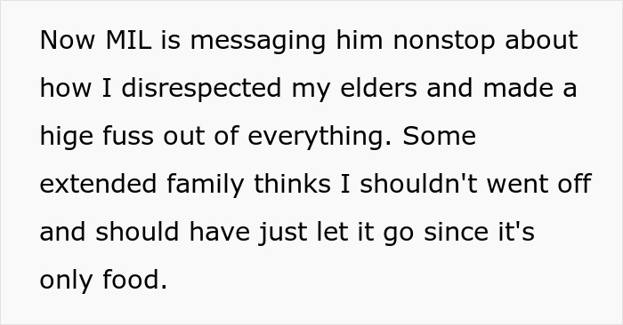 Text message describing in-laws mocking daughter’s paganism and bringing forbidden foods, causing family conflict.