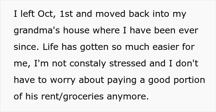 Text excerpt discussing a woman moving back to her grandma’s house after realizing her boyfriend wanted a nanny with benefits.