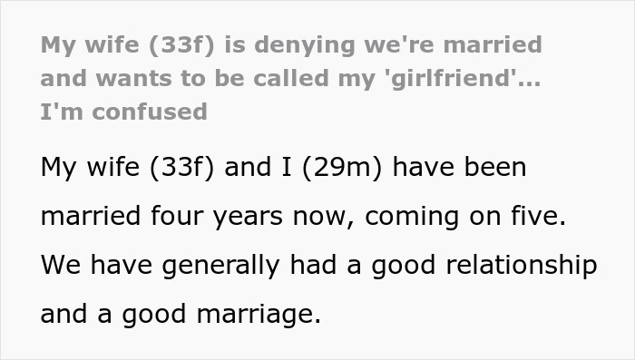 Husband bewildered at wife denying their marriage, confused by her wanting to be called his girlfriend instead. Husband bewildered at wife denying their marriage, confused by her wanting to be called his girlfriend instead.