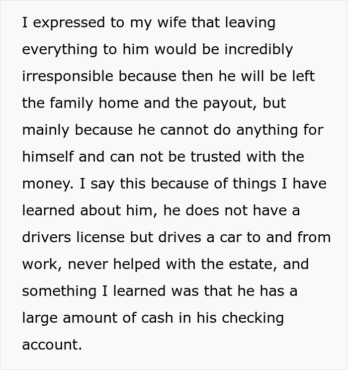 Text excerpt discussing a man who supports his in-laws and concerns about the mother-in-law cutting his wife out of the will. Text excerpt discussing a man who supports his in-laws and concerns about the mother-in-law cutting his wife out of the will.