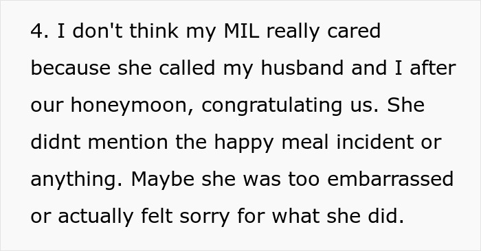 Text excerpt discussing a bride’s meal incident and her controlling mother-in-law’s reaction after the wedding and honeymoon. Text excerpt discussing a bride’s meal incident and her controlling mother-in-law’s reaction after the wedding and honeymoon.