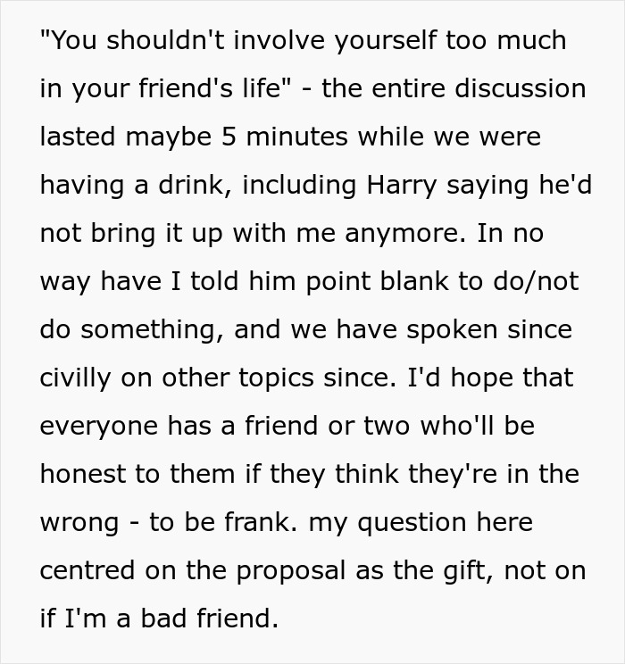 Man thinks proposal counts as a Christmas gift but faces a reality check from friends during holiday discussion. Man thinks proposal counts as a Christmas gift but faces a reality check from friends during holiday discussion.