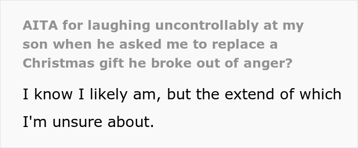 Text post discussing a teen breaking a new chair and asking dad to replace it as a matter of fairness. Text post discussing a teen breaking a new chair and asking dad to replace it as a matter of fairness.