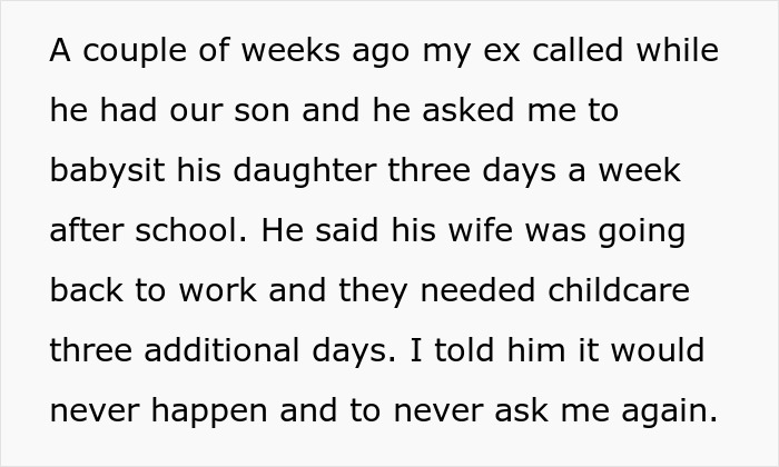 Text excerpt describing a man asking his ex to babysit his affair child, highlighting infidelity and childcare dispute. Text excerpt describing a man asking his ex to babysit his affair child, highlighting infidelity and childcare dispute.