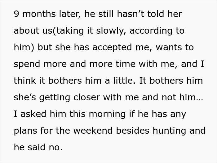 Text excerpt about fiance babysitting daughter and weekend plans involving hunting discussed in a casual conversation. Text excerpt about fiance babysitting daughter and weekend plans involving hunting discussed in a casual conversation.