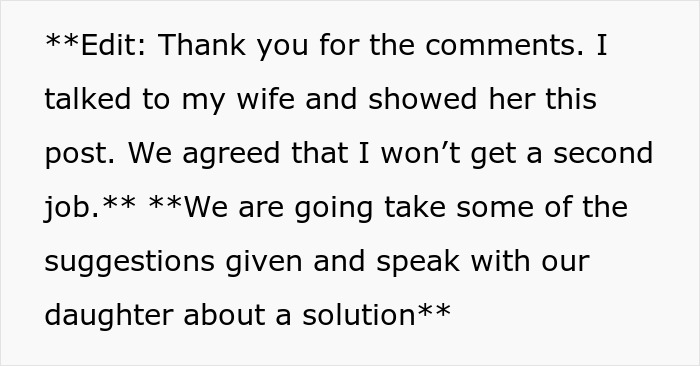 Text excerpt discussing a parent’s decision to address daughter money surgeries by talking and finding a solution together. Text excerpt discussing a parent’s decision to address daughter money surgeries by talking and finding a solution together.