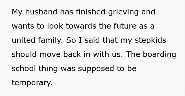 Woman asking stepchildren about moving back home after temporary boarding school arrangement ended. Woman asking stepchildren about moving back home after temporary boarding school arrangement ended.