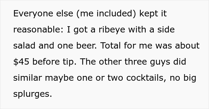 Text discussing a guy ordering like it was his last meal while friends kept dinner orders reasonable with no big splurges. Text discussing a guy ordering like it was his last meal while friends kept dinner orders reasonable with no big splurges.