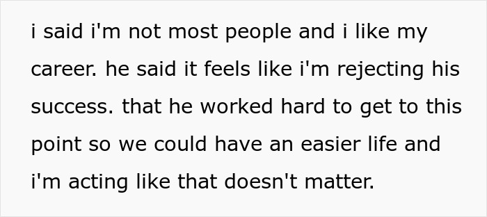 Text message conversation showing woman refusing to quit job after husband’s promotion despite pressure on gender roles.