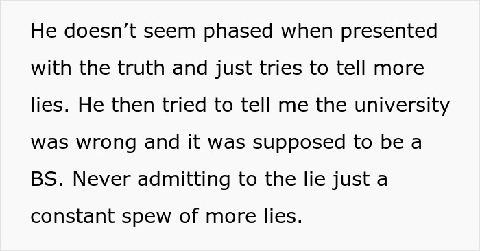 Man lying about a master’s degree, wife uncovering the truth as he continues to deny and tell more lies.
