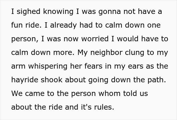 Text excerpt about haunted hayride fears, kids clinging to parents, and calming scared children during the ride. Text excerpt about haunted hayride fears, kids clinging to parents, and calming scared children during the ride.