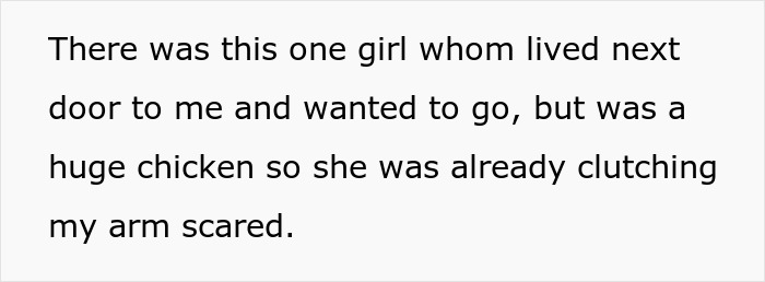 Text excerpt showing a scared girl clutching an arm, related to entitled parents on a haunted hayride with scared kids. Text excerpt showing a scared girl clutching an arm, related to entitled parents on a haunted hayride with scared kids.
