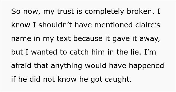 Text showing a woman’s broken trust after catching her boyfriend cheating during a vacation through a revealing message.